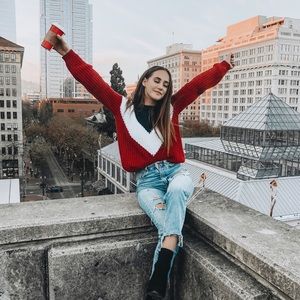 Super cute red with white and navy stripe sweater!